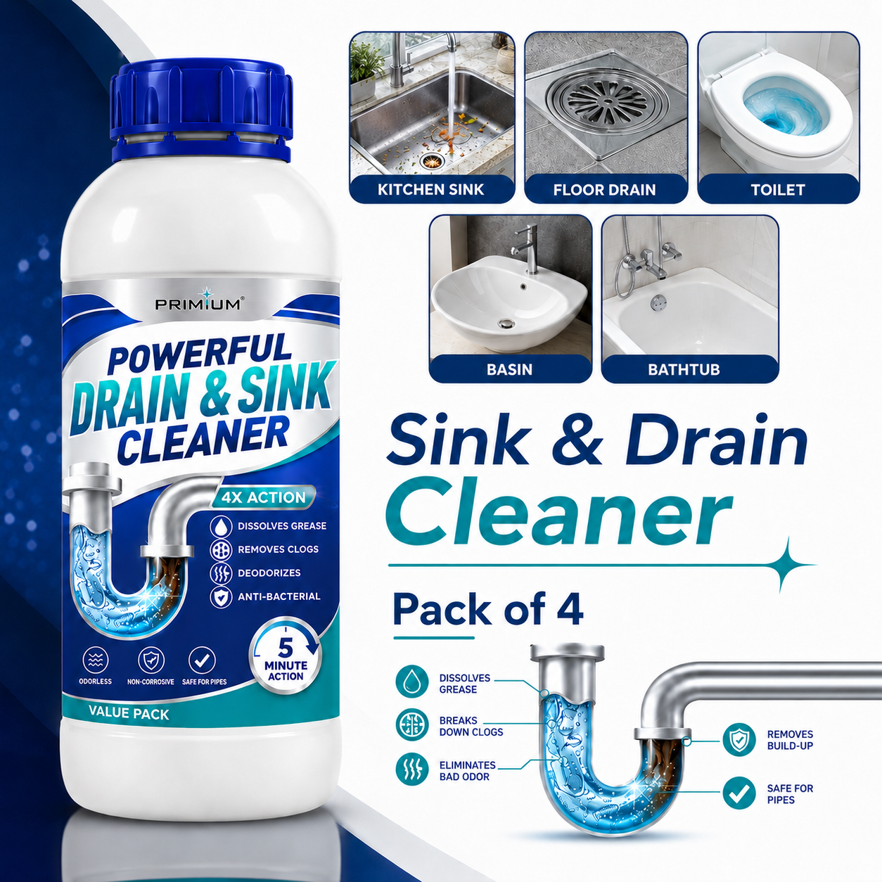 PRIMIUM POWERFUL DRAIN & SINK CLEANER POWDER (PACK OF 4)