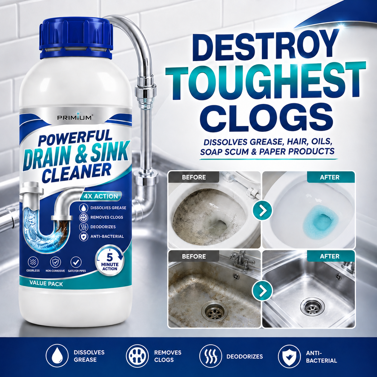 PRIMIUM POWERFUL DRAIN & SINK CLEANER POWDER (PACK OF 4)