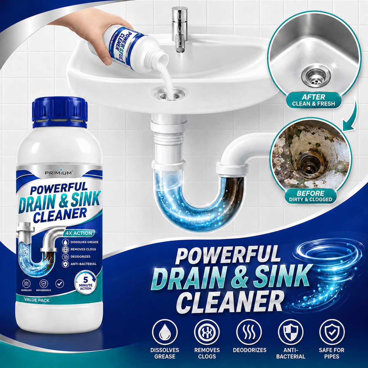 PRIMIUM POWERFUL DRAIN & SINK CLEANER POWDER (PACK OF 4)